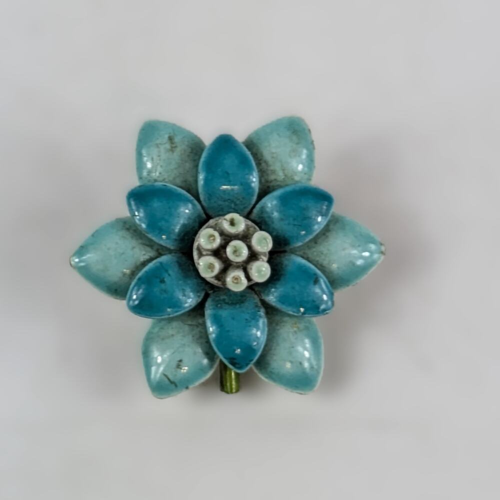 Vtg Blue Brooch Enamel Flower Pin Mid-Century Retro Jewelry 1950s-60s Accessory